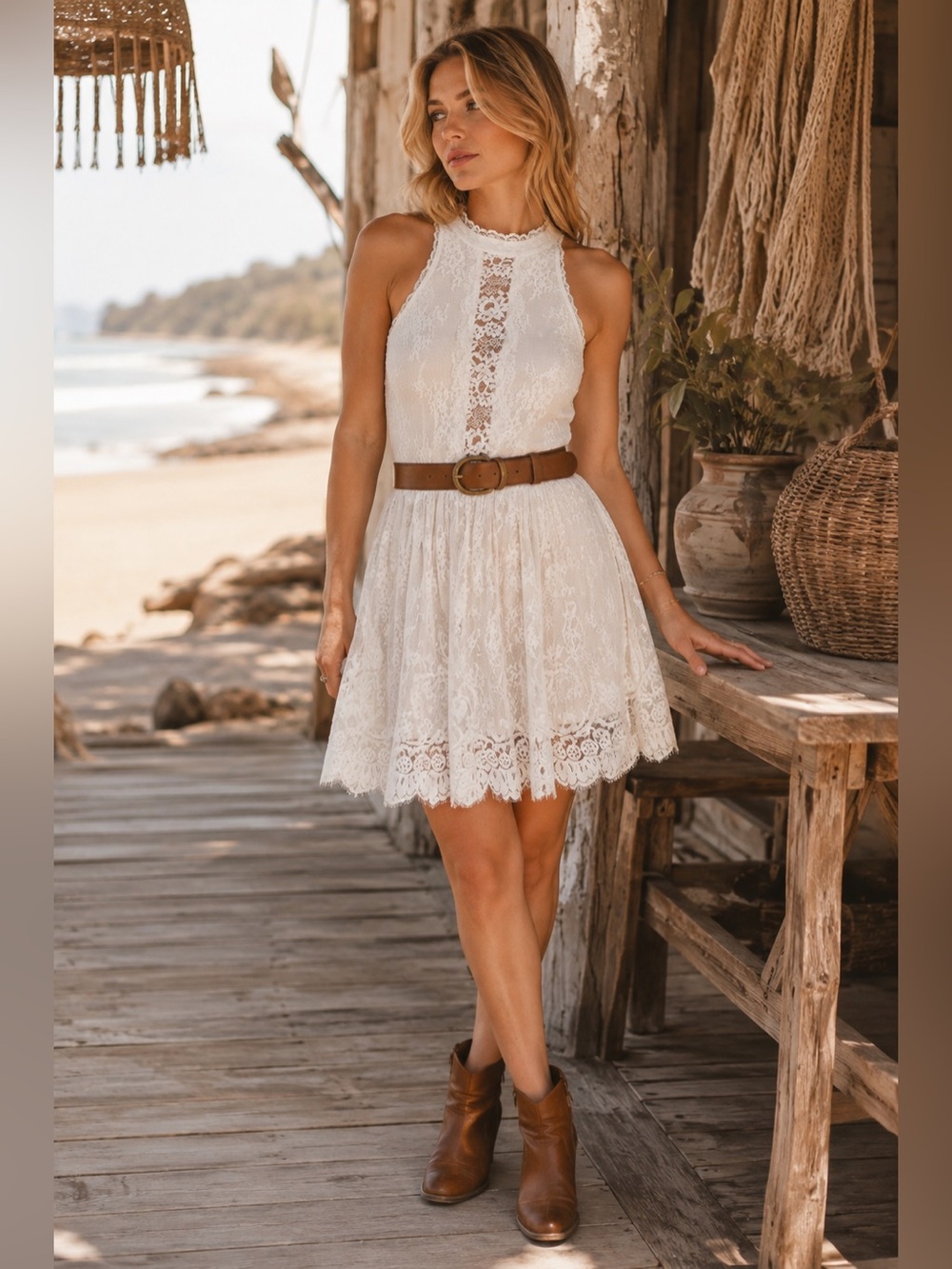 Free People Ivory Lace Halter Mini Dress